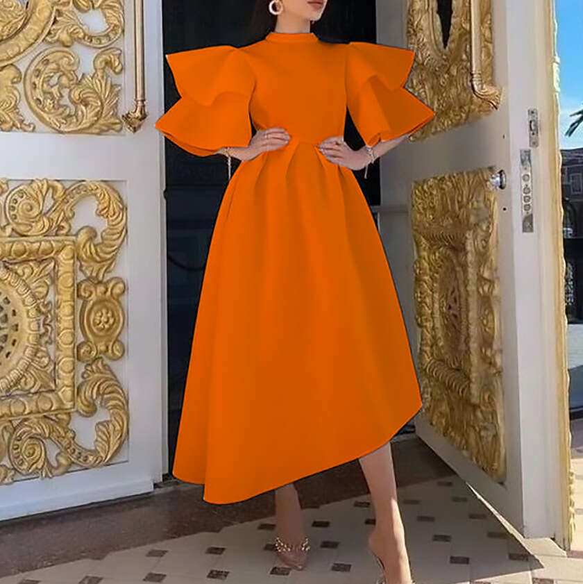 Women's Wear Women's Wear Women's Summer New Double Layered Lotus Leaf Sleeves Solid Color Irregular Dress