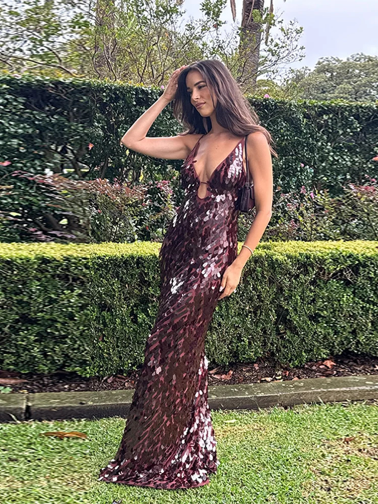 Droplet Sequined Slip Dragging Dress Women Sexy Deep V Sleeveless Backless Bodycon Party Evening Dresses Chic Ladies Gown Robes 250514