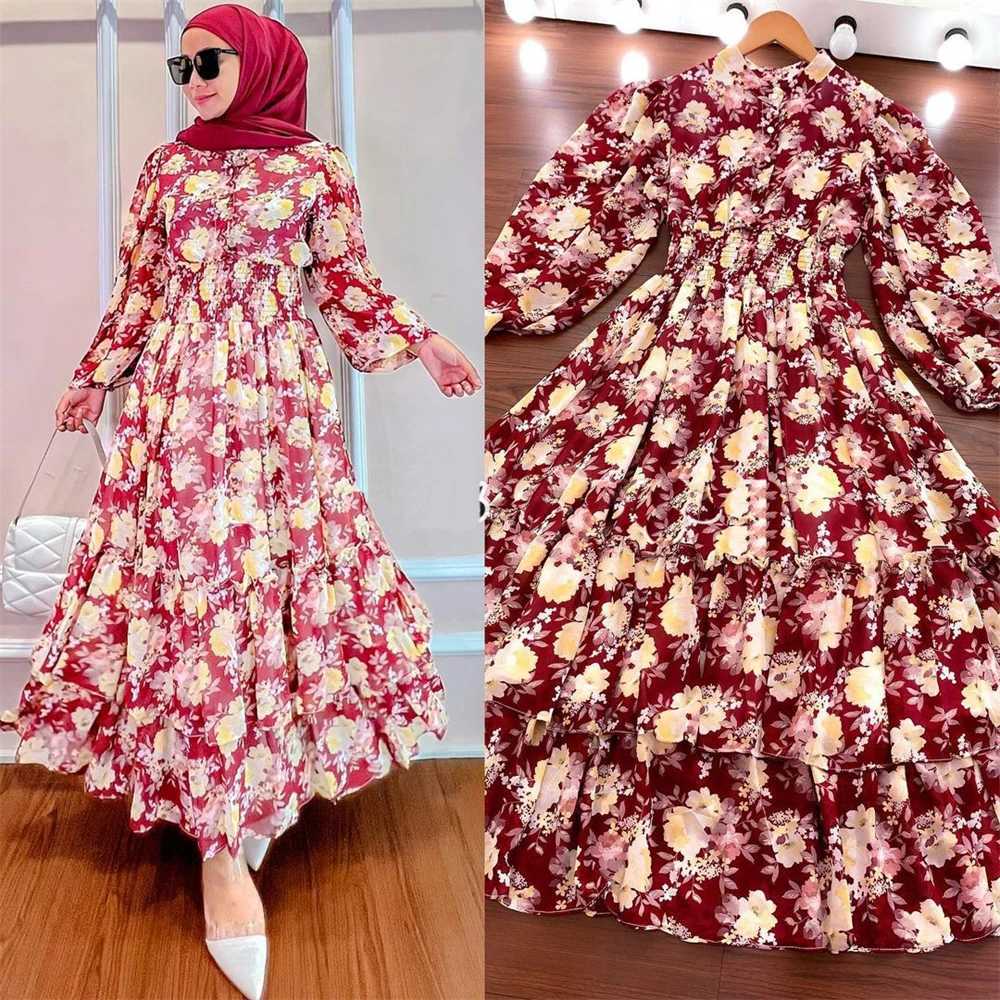New Fashion Women Print Floral Maxi Dress Chiffon Ruffles Party Gown Muslim Abaya Dubai Kaftan Turkay Robe Eid Ramadan Jalabiya X250514