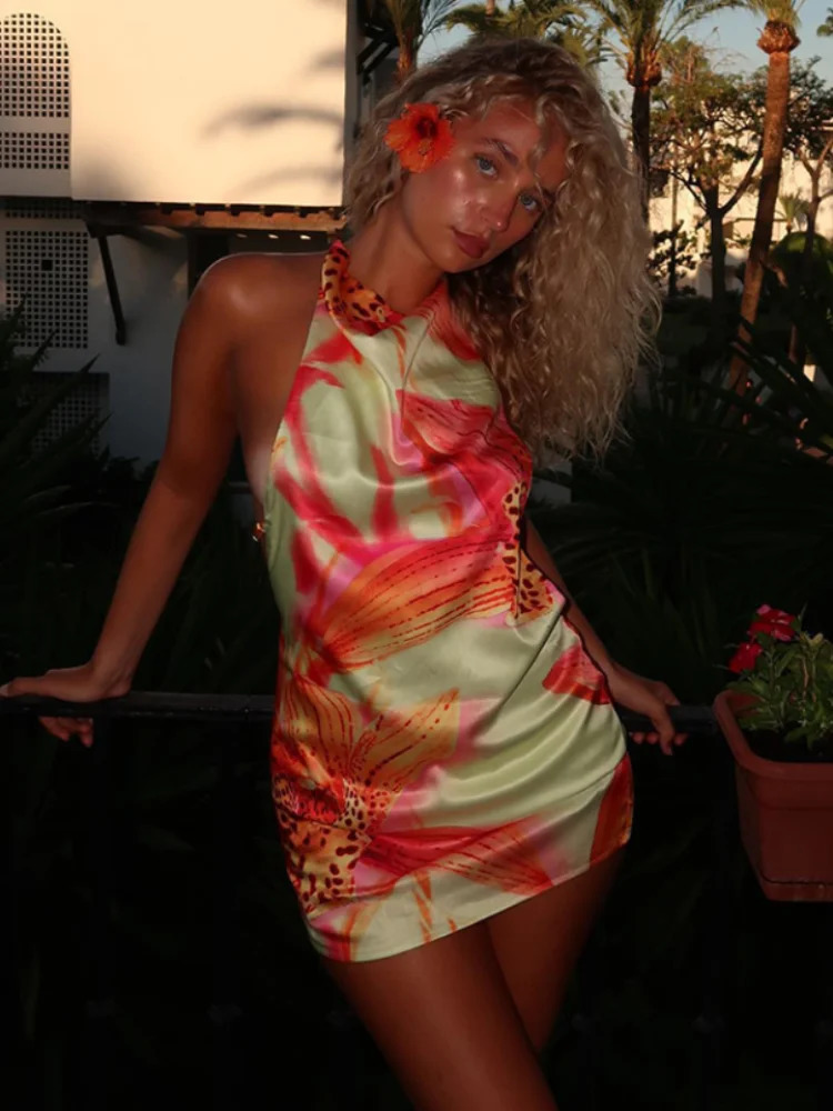 Fashion Stain Floral Print Mini Dress For Women Vacation Backless Sleeveless Hater Short Female Summer Chic Beach Vestidos 250514