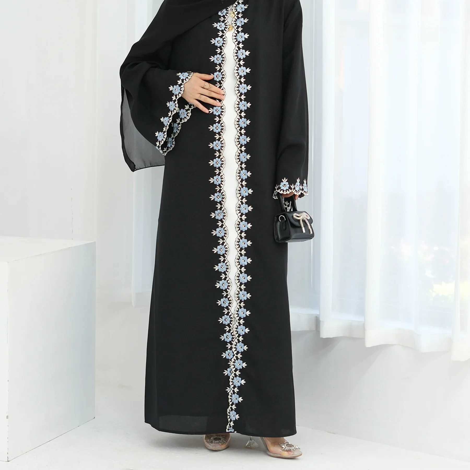 Eid Ramadan Flower Embroidery Abayas for Women Muslim Dress Dubai Open Abaya Turkey Kaftan Ka Caftan Marocain Femme Robe New X2505141