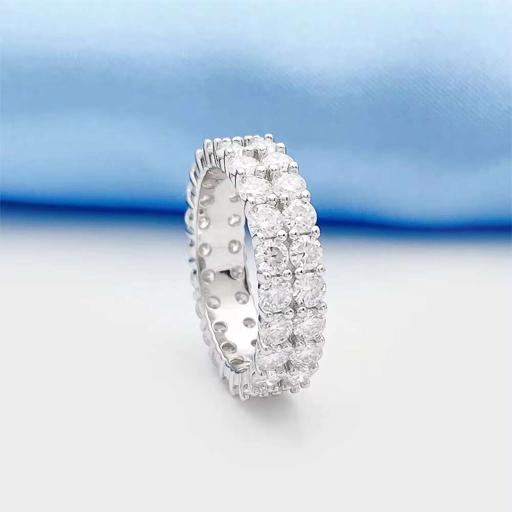 14k Gold Plated Brilliant Sparkle Moissanite Round Shape 3mm Two Rows Tennis Silver GRA Certified Moissanite Ring Men