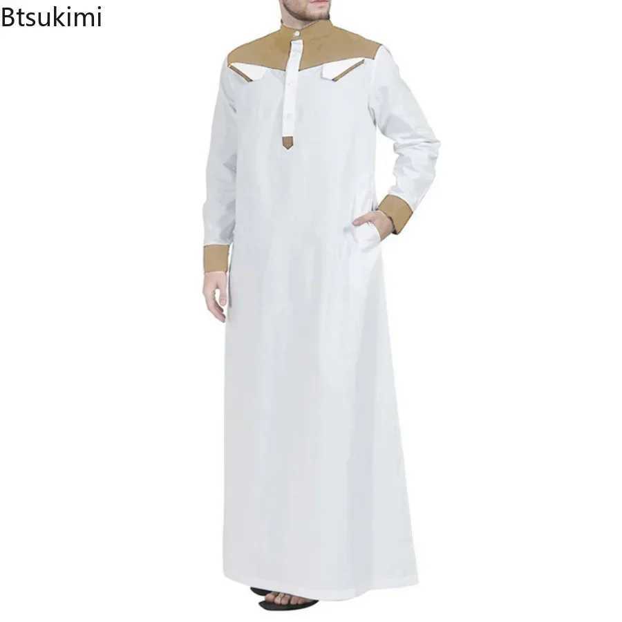 2025 Muslim Thobe Comfortable Men Caftan Long Sleeve Contrast Color Muslim Clothing Mandarin Neck Muslim Robe for Middle East X250514