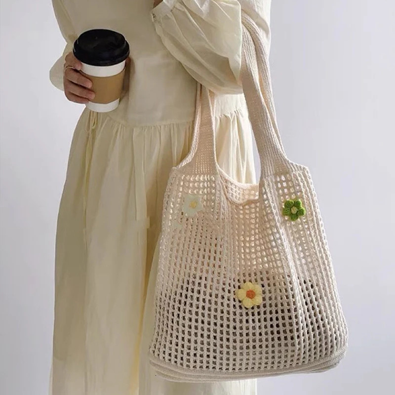 Fashion Hollow Knitted Flower Womens Bags Casual Female Shoulder Crochet Tote Ladies Shopping TopHandle Handbag 250514