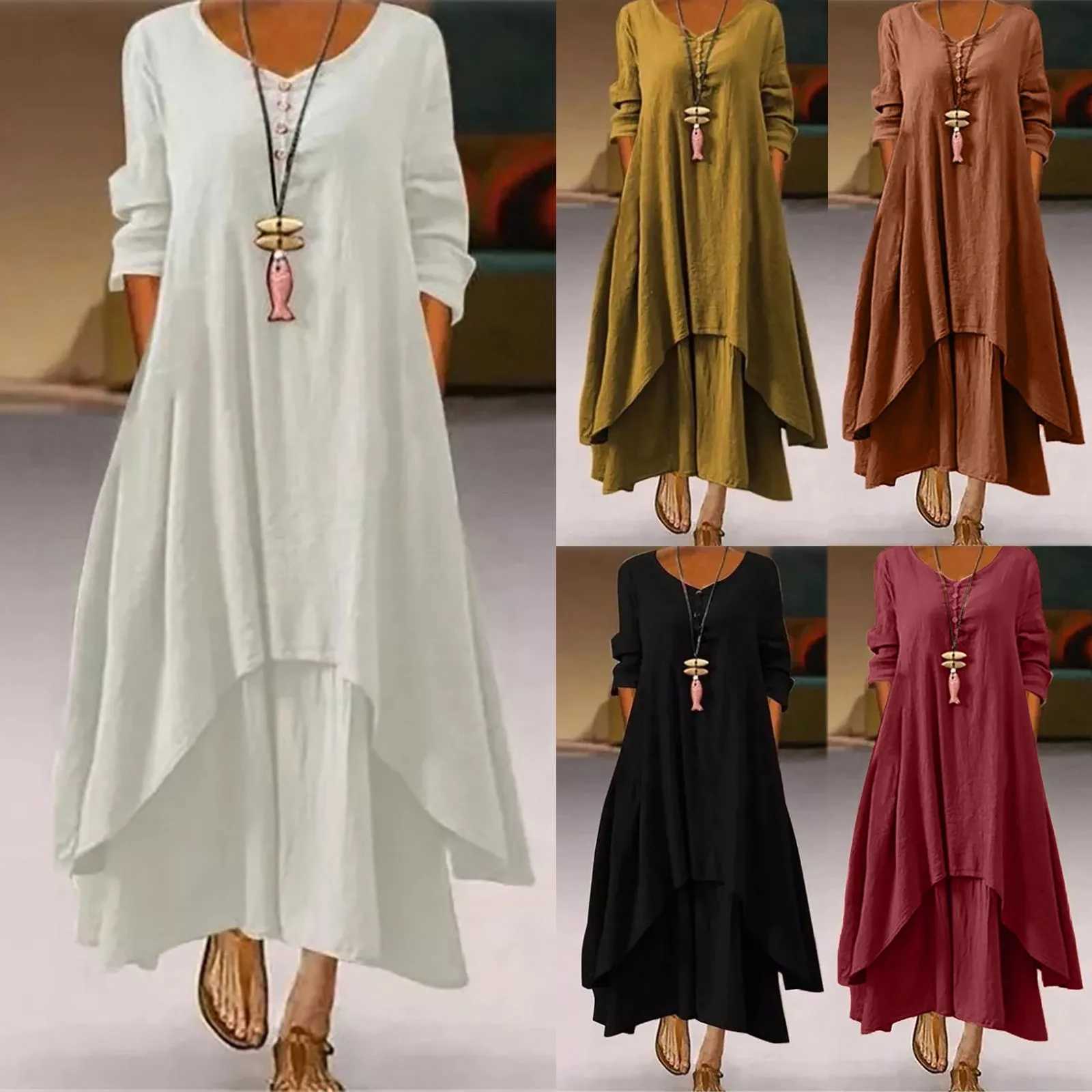 Womens Elegant Linen Ginger Dresses Bohemia Layering Vintage Long Sleeve Loose Long Dress Female Autumn DressesXJ250514