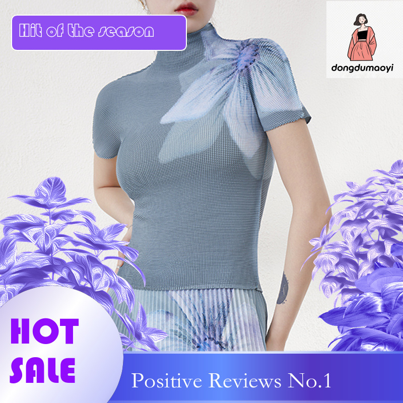 dongdumaoyi Wrinkled Top for Women's Miyake 2025 Summer Versatile Thin Small Shirt, Elastic Slimming and Slimming, Printed Short Sleeve T-shirt