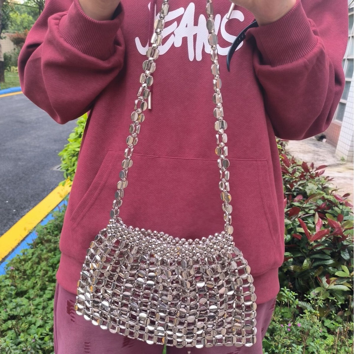 High quality brand, high-quality new bag, new electroplated silver bag, hot selling designer, high-end versatile women's long shoulder bead woven