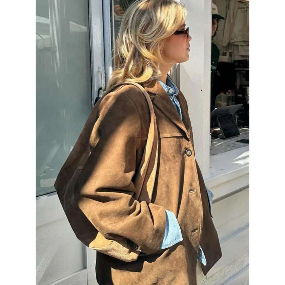 ZBZA Women Brown Retro Loose Blazer Jacket Lapel Single-breasted Long-sleeved Solid Short Outerwear Fall Winter Female Chic Coat
