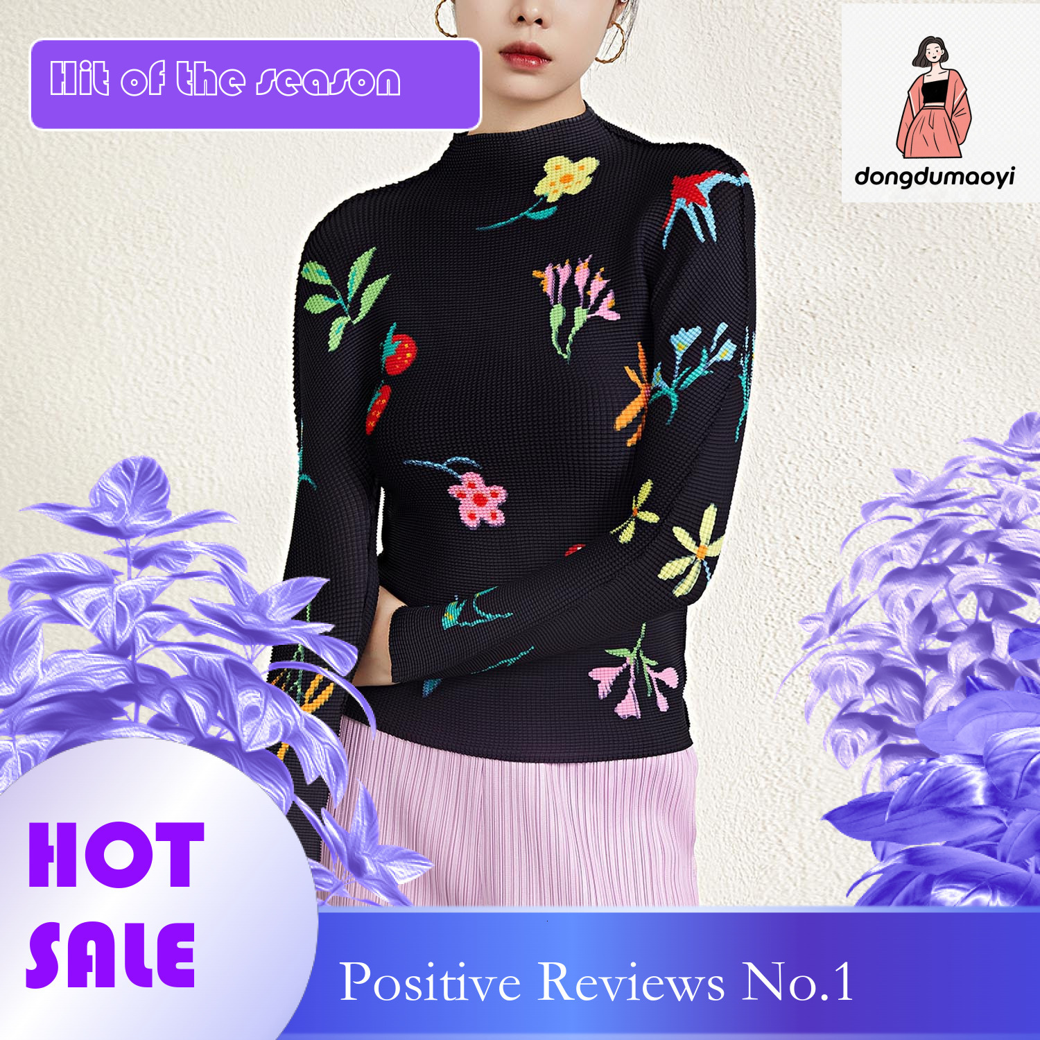dongdumaoyi Miyake printed top long sleeved women's spring pleated new style semi high neck fashionable temperament slim fit base T-shirt