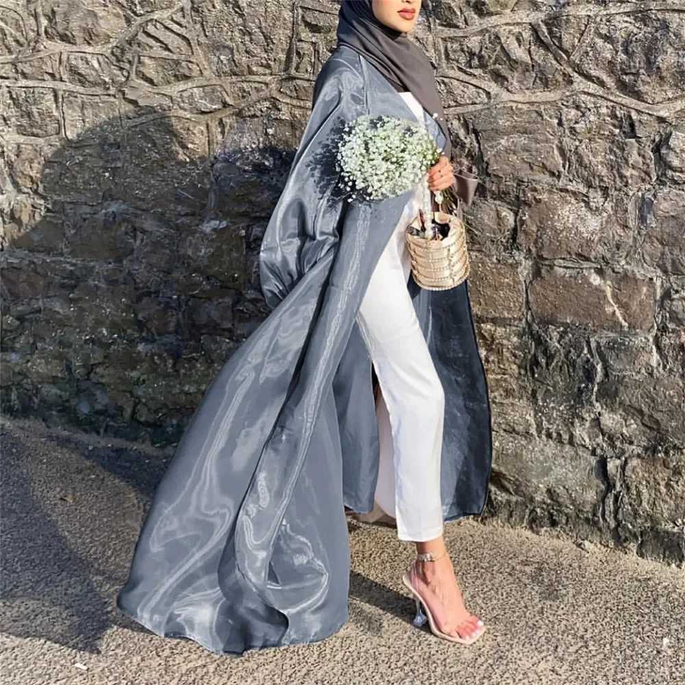Open Abaya Kimono for Women Shiny Puff Slve Long Dress Cardigan Muslim Dubai Arabic Summer Party Ramadan Kaftan Gown Jalabiya X250514