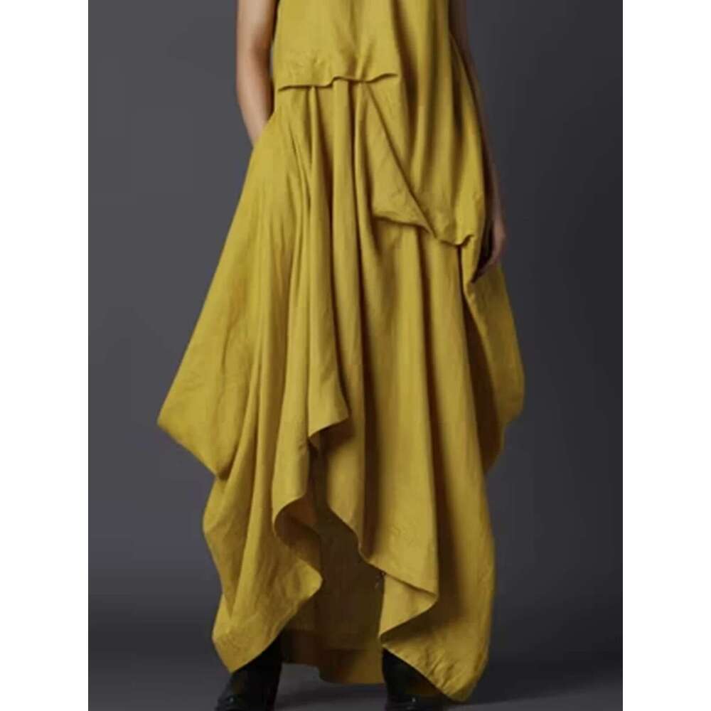 Women's Tank Pleated Pockets Vintage Asymmetric Hem Long Solid Minimalist Casual Round Neck Summer Female Dress