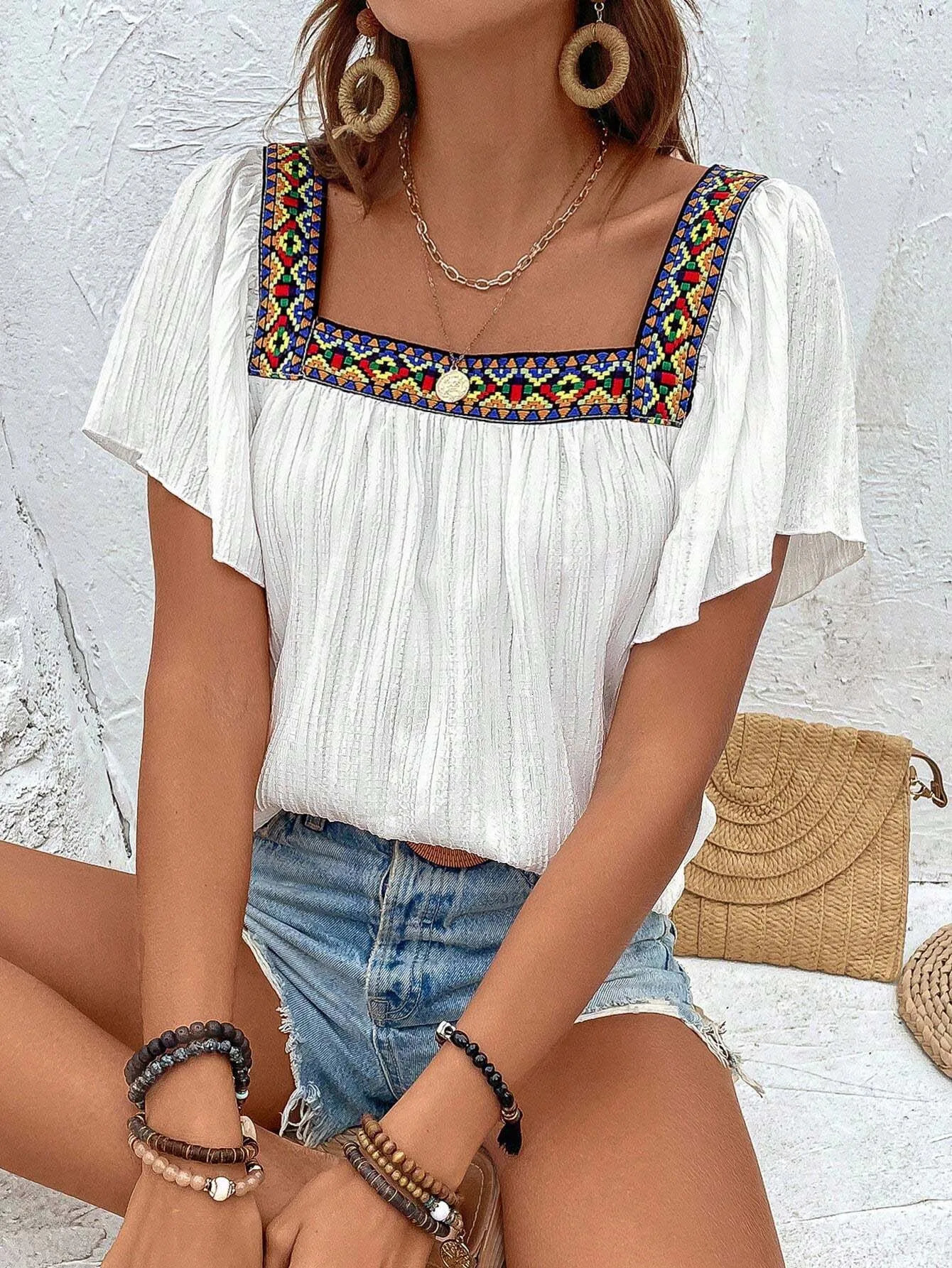 European and American womens elegant fashionable personalized ed square collar bat sleeve irregular shirt 250514