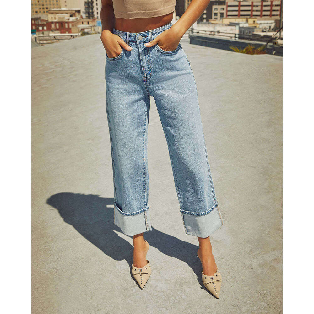 2025 Spring New Elastic Straight Leg Jeans for Women Quality Edition with Curled Edges and High Waist Pants Discount in Limited Time Fashionable Solid