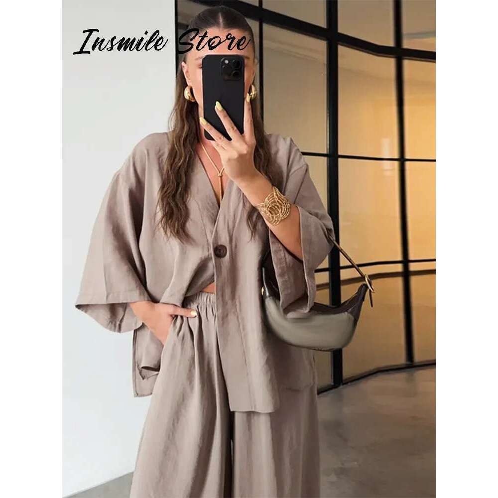 Casual Solid Women Pants Suits V-neck Single Buttons Loose Top Wide Leg Trousers 2025 Spring Summer New Fashion Female Sets