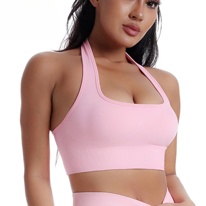 Seamless new neck sports bra gathers solid color yoga bra