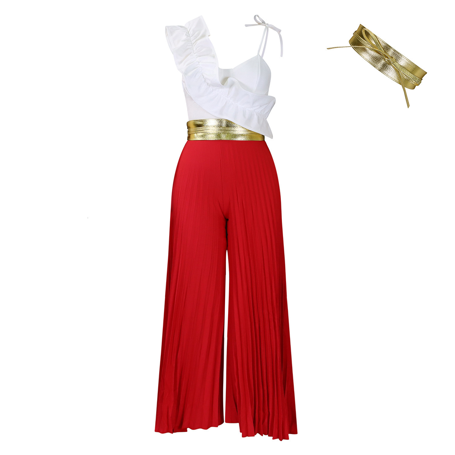 C8605 womens sexy ruffle edge sleeveless top wide leg wide leg pants fashion set