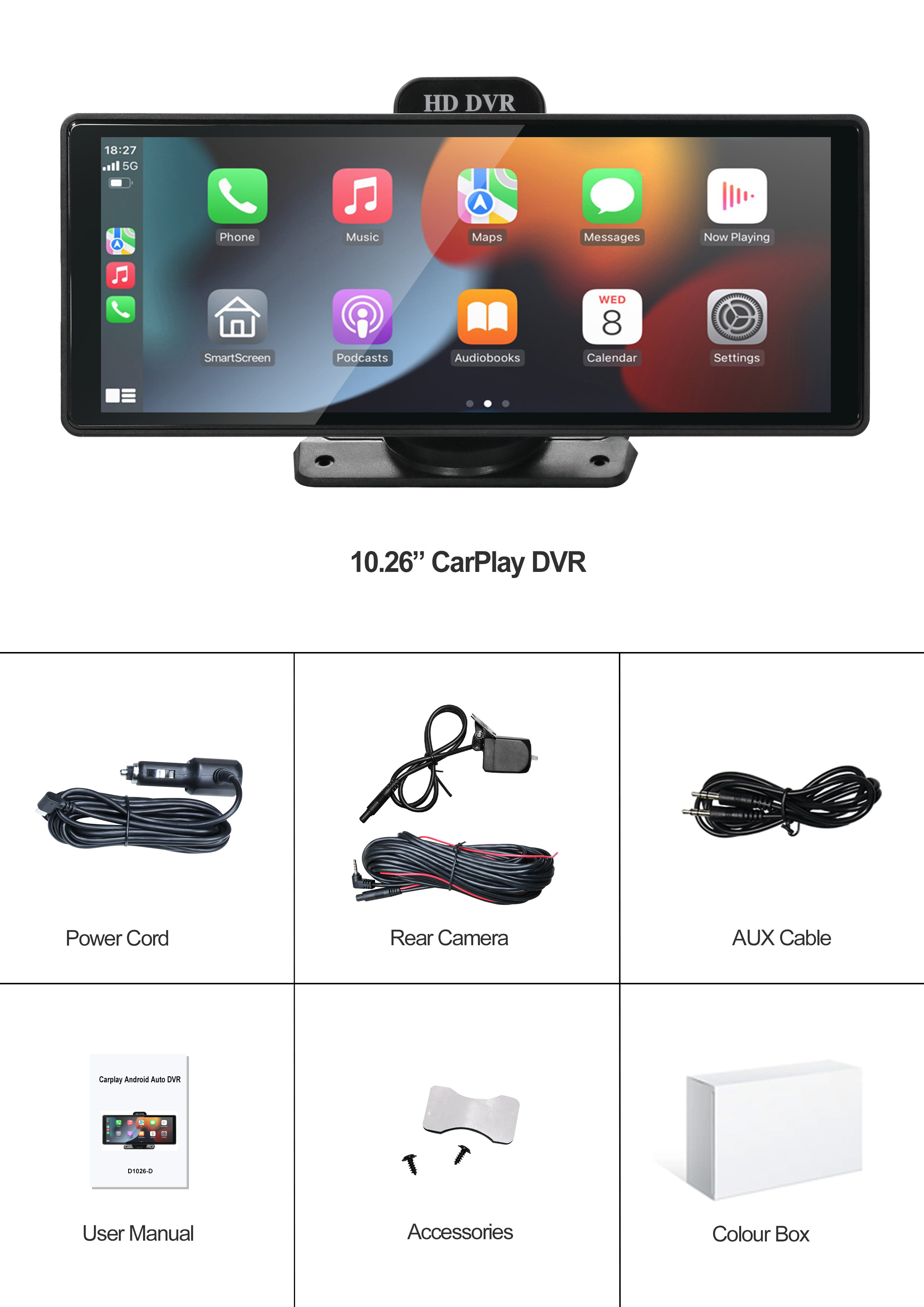 BY-CS102 10.26" IPS Touchscreen Car Display with Dual 1080P Cameras Wireless CarPlay/Android Auto Global Certified & OEM Support
