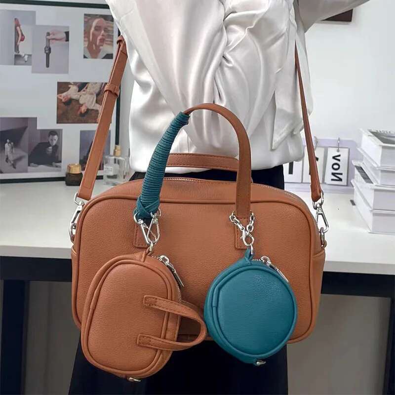 Bowling Bag With Two Matching Wallets,Boston Crossbody Shoulder Bag,Niche Fashion Women Tote Bag,Color Contrasting Lady Handbag