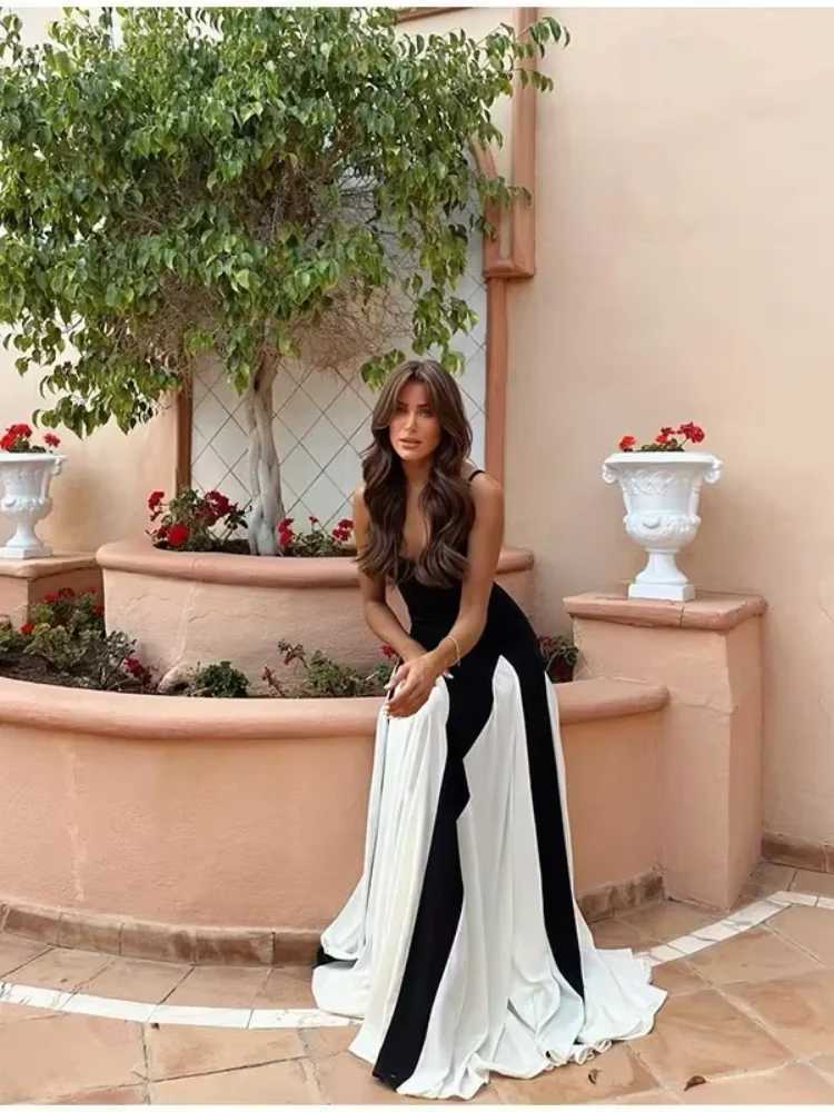 New Contrast Color A-line Womens Sling Dress Elegant Sleeveless Backless High Waist Long Robe Chic High Street Banquet GownsXJ250514