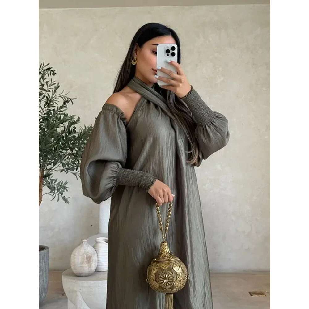 Modigirl American Retro Halter-neck Loose Cold Shoulder Puff Sleeves H-line Maxi Dress 2025 New Elegant Evening Dresses