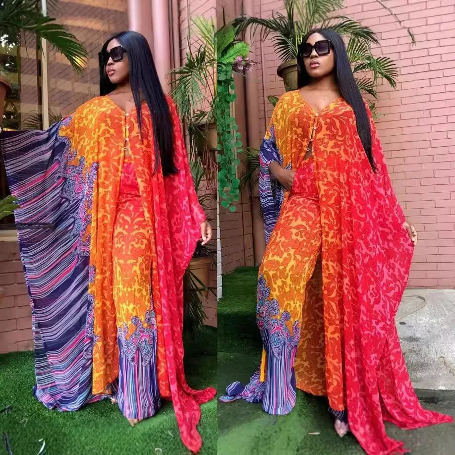 Plus Size African Womens Clothing High Quality Digital Printing Chiffon Cardigan LooseFit Trousers 2Piece Se 250506