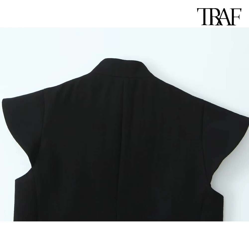 TRAF New Women's Solid Colour with Padded Sexy Mini Deep V Neck Slope Shoulder Dress 2025 Vintage Slim Dresses