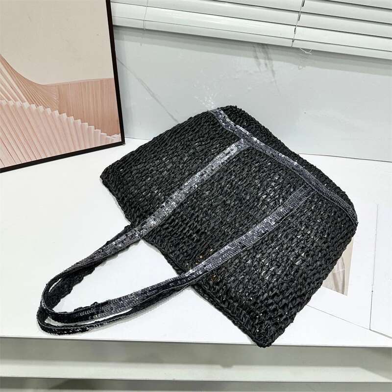 Straw Hollow Out Knitting Sequins Tote Large Capacity Handmade Shoulder Handbag Women Designer Casual Beach Bag Ethnic Style