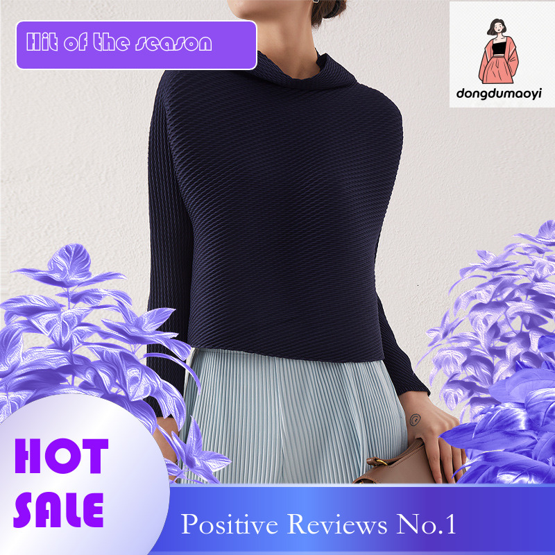 dongdumaoyi Miyake 2023 autumn winter new item slimming and stylish ins semi high neck pleated design solid color long sleeved T-shirt top for women