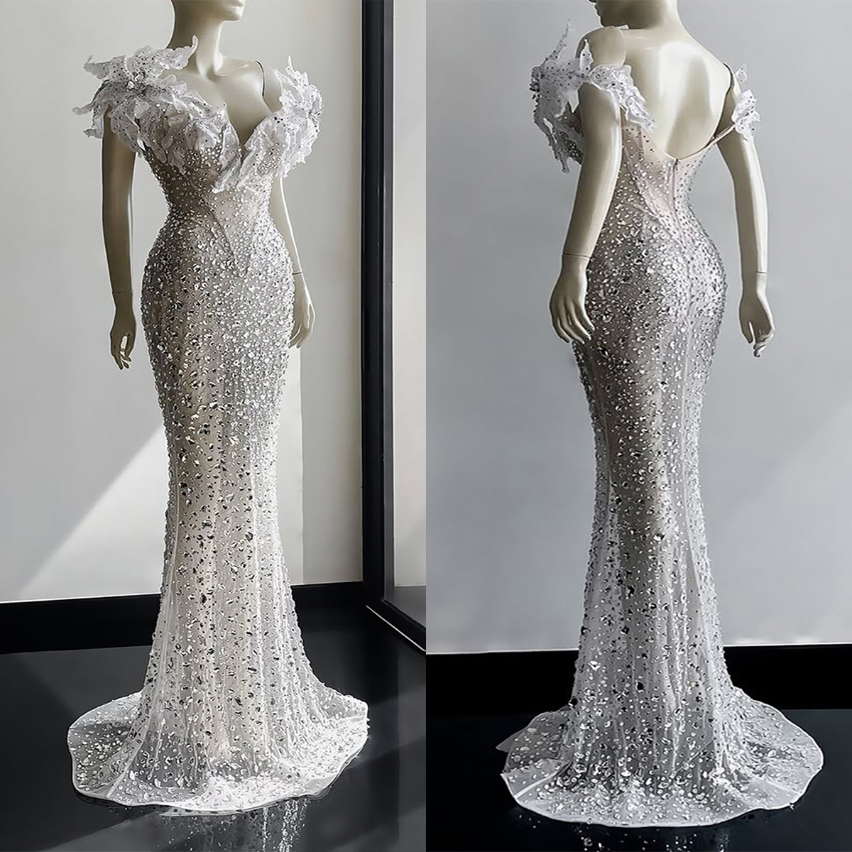 Crystal Beaded Mermaid Wedding Dress Plus Size 3D Flower Off Shoulder Bridal Gowns Sexy Backless Bride Dresses