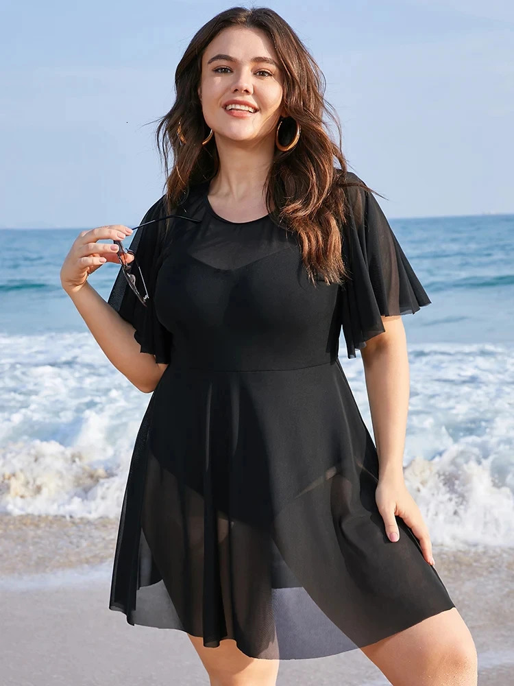 Plus Size Womens One Piece Tummy Control Swimdress Solid Mesh Patchwork Ruffle Sleeve Cover Up Swim Dress Chubby Swimsuit 250509