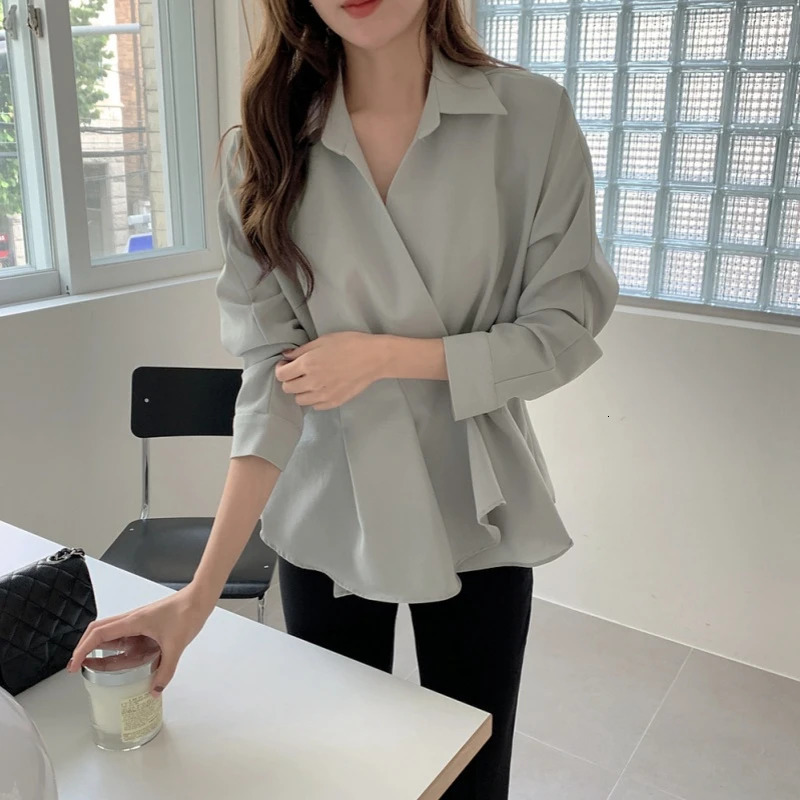 Spring Autumn Elegant Ruffles Womens Blouse Long Sleeve Solid Cross Vneck Buttons Korean Casual Shirts Female 250514