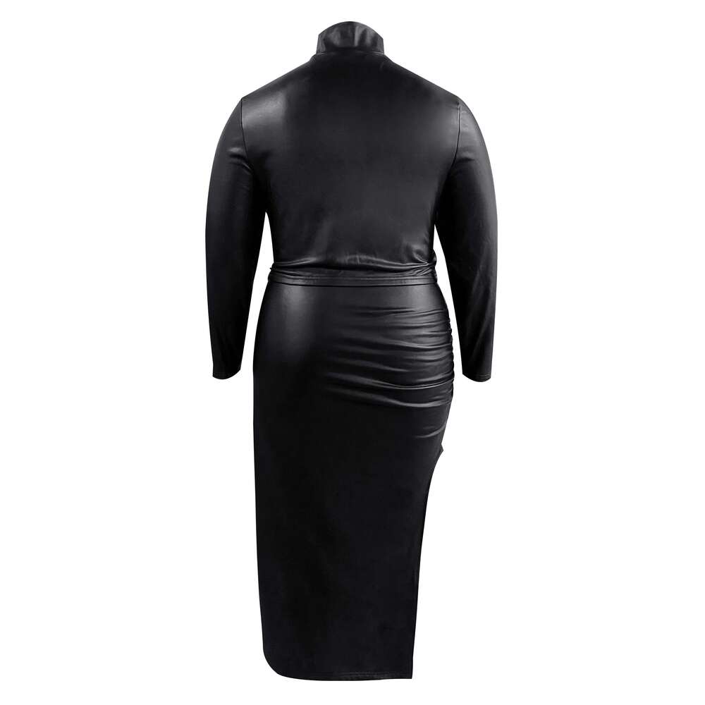 LW Plus Size Faux Leather Turtleneck Thigh Slit Skirt Set black long sleeve skinny Top + Asymmetric midi skirt sets