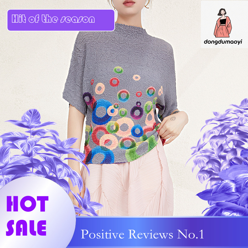 dongdumaoyi Miyake top women's summer pleated thin loose slimming plus size design rendering printed semi high neck short sleeved T-shirt