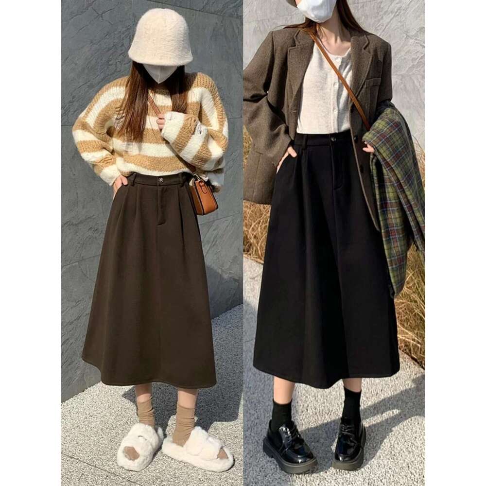 High Woolen Long Autumn Winter Plus Size Clothing Elastic Waist A Line Brown Or Black Skirt Women