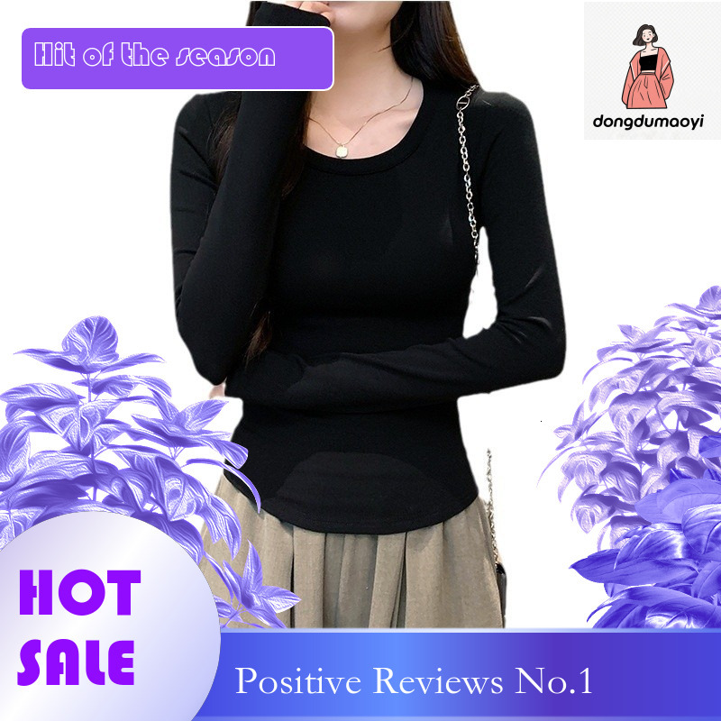 dongdumaoyi 2024 autumn new shoulder pure cotton long sleeved base slim fit and slimming T-shirt for women, women's top