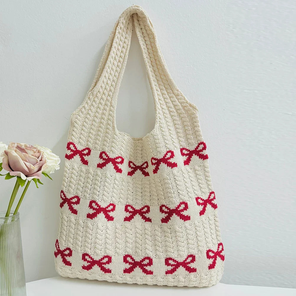 Womens Bow Shoulder Bag Raffia Aesthetics Crochet Handbag Purses Knitted Shopping Summer Beach Ladies Woven Tote Bags 250514