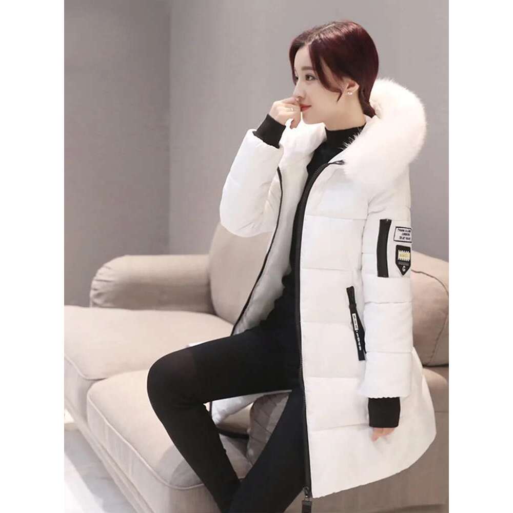 Women Winter Fur Collar Hooded Parka Fashion Letter Patch Zipper Pockets Design Long Jacket Elegant Slim Warm Thick Female Coats Designer