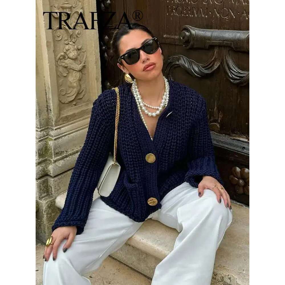 TRAFZA Autumn Knitted Cardigan For Women Casual Button O-Neck Long Sleeve Female Sweater Fashion Solid Loose Lady Cardigans