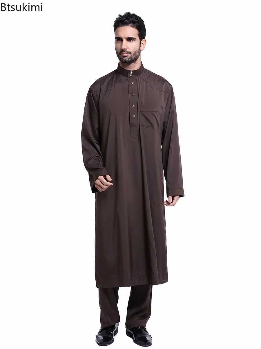 Muslim Arabic Men Jubba Thobe Button Robe+pants2pcs Clothes Suit Abaya Saudi Arabia Eid Turkey Kurtas Islamic Muslim Daily Dress X250514