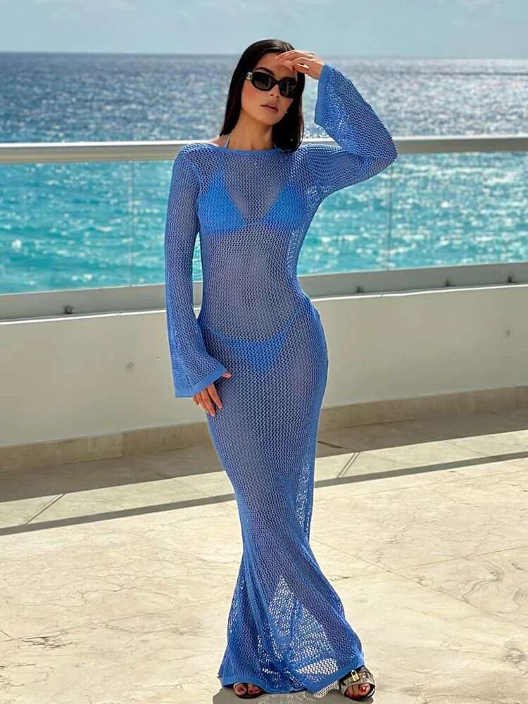 Sexy Beachwear Swimsuit Cover Up 2025 Women's Knit U Neck Bell Long Sleeve Beach Maxi Dress Summer Vacation Tunic Outfit K155