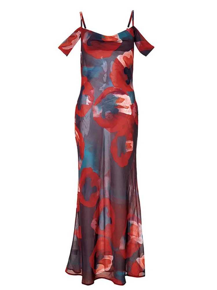 Womens Print Mesh Long Dress Off Shoulder Spaghetti Strap Low Cut Pleated Dress Evening Party Club Beach Sexy DressesXJ250514