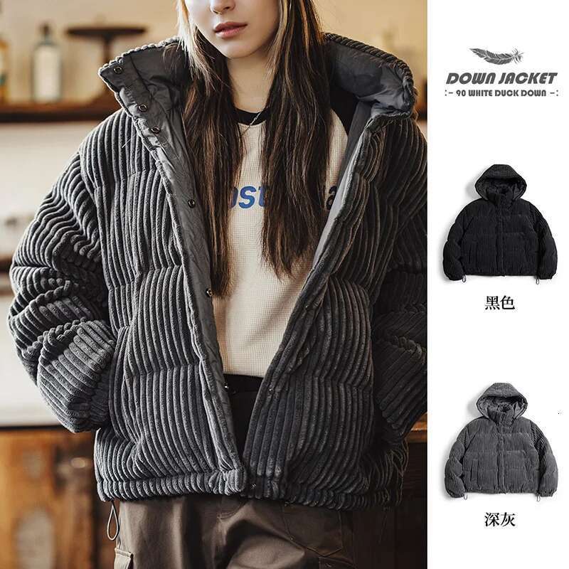Maden Women's American Vintage Corduroy Detachable Hooded White Duck Down Warm Jacket Coat Winter