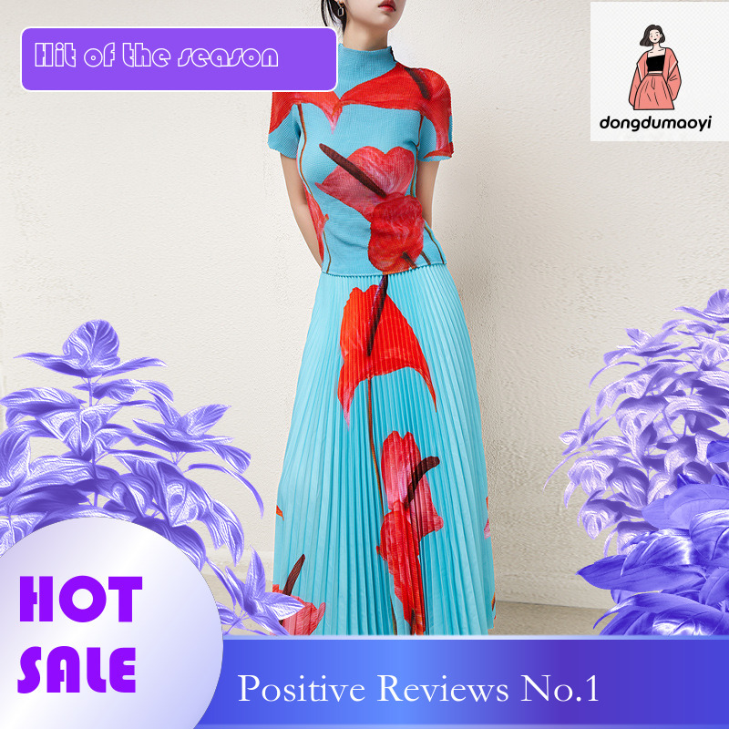 dongdumaoyi Miyake skirt design, niche texture, t-shirt, plant flower mid length skirt, two-piece set, women's clothing