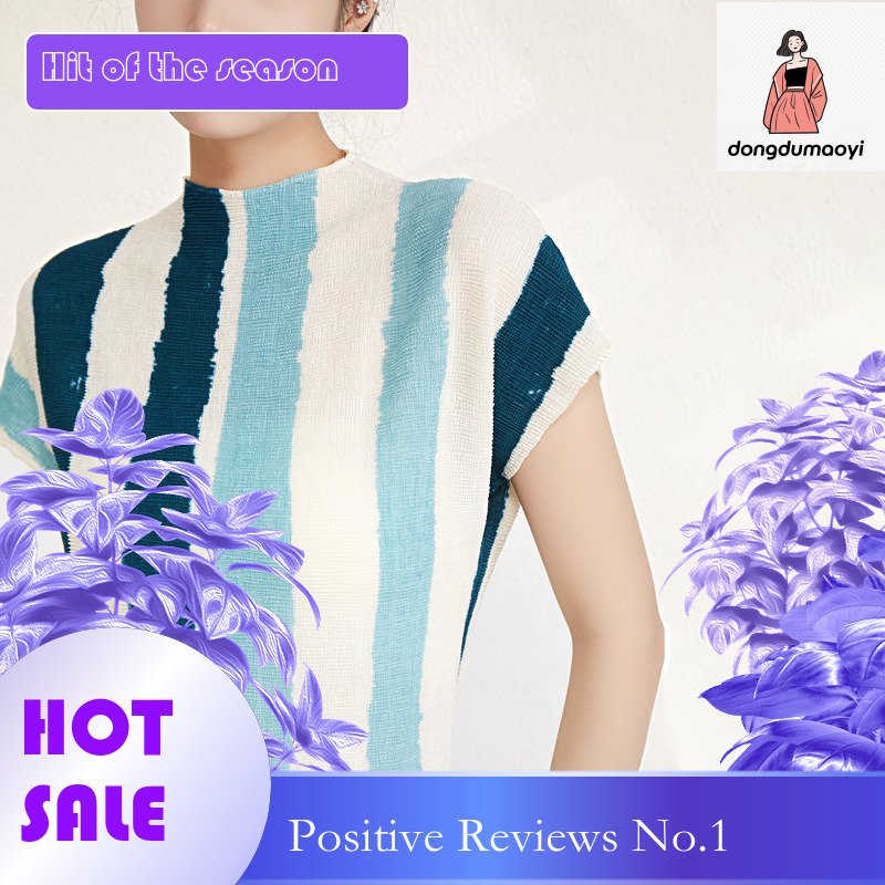 dongdumaoyi Simple color blocked striped round neck pleated top summer, loose and slimming, versatile short sleeved T-shirt for women