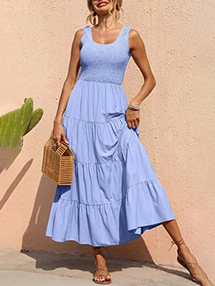 Dresses For Women 2024 Summer Sexy Elegant Sleeveless Floral Solid Color Long Dress Fashion Elastic Waist Beach Party Big SwingXJ250514