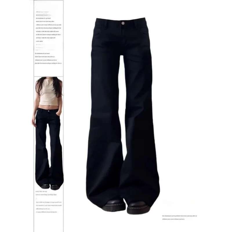 Botvotee Y2k Black Low Waist Jeans Flare Washed Vintage Casual Minimalist Denim Pants Grunge Solid Color Street Retro Trousers