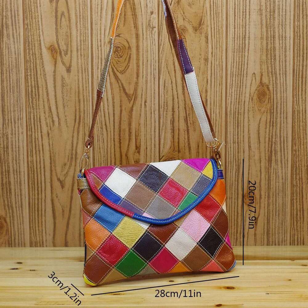 Genuine Leather Cowhide Women's Fashionable Niche Design Colorful Plaid Cosmetic Crossbody Ladies Shoulder Small Bag
