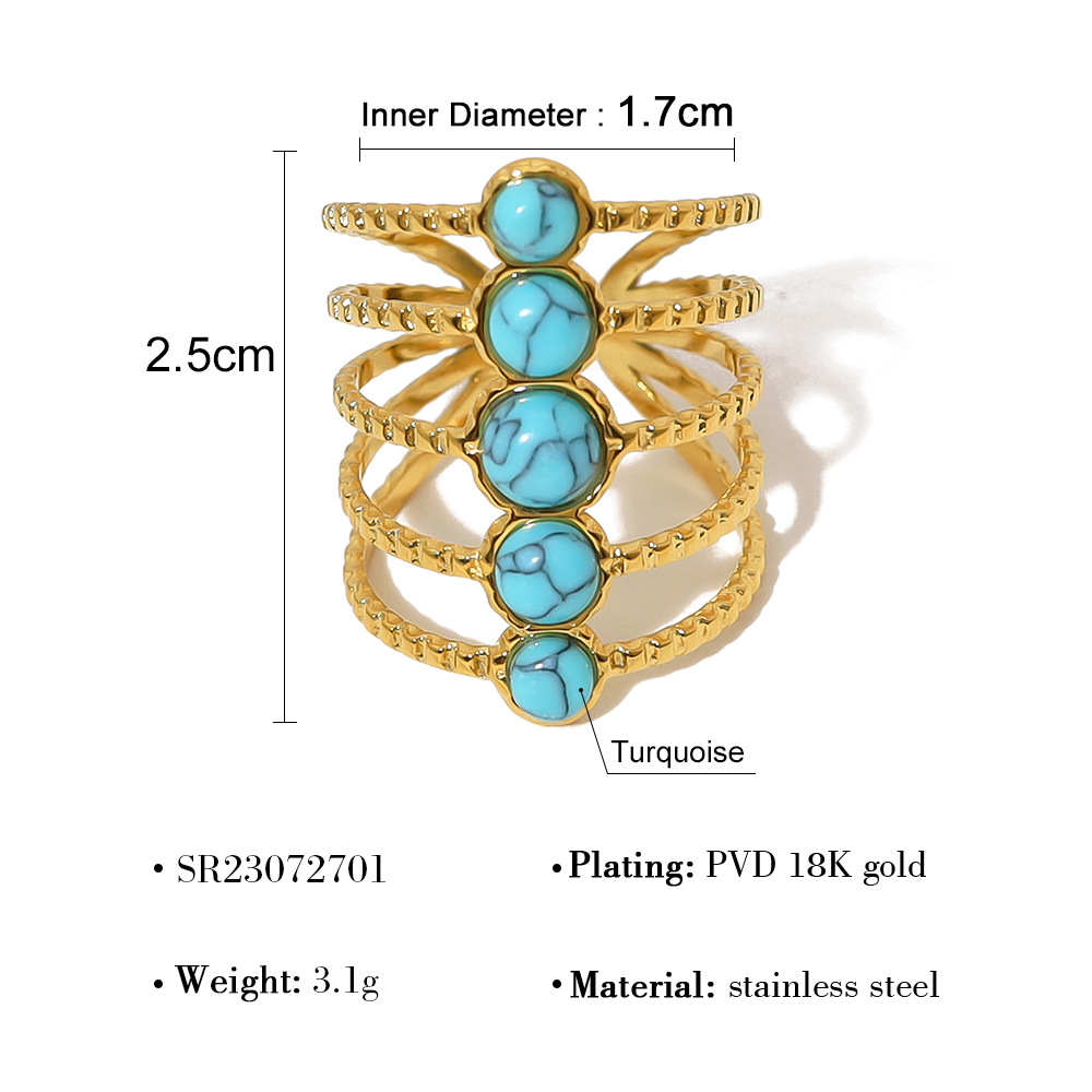 Multi-Layer Turquoise Stone Gold-Plated Adjustable Ring with Pearls, Chic and Elegant Open Design, Wholesale Fashion Jewelry