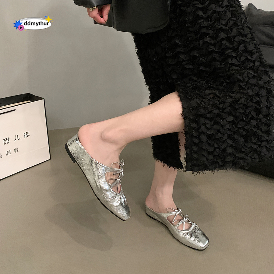 Inner height butterfly bow silver toe cap half drag women's shoes fashionable outer wear 2025 new summer Mary Jane sandals ddmythur