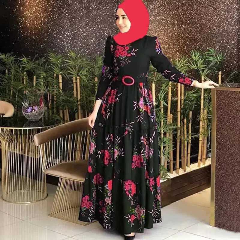 Womens Floral Hijab Dress Dubai Turkey Vintage Printing Robe Muslim Women Hijab Islam Arab Female Kaftan Morocco Party Gowns X250514